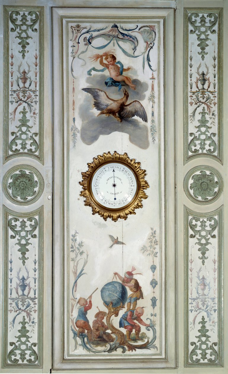 Pannello del grande salone del Castello di Champs sur Marne con barometro e chinoiserie da Christophe Huet