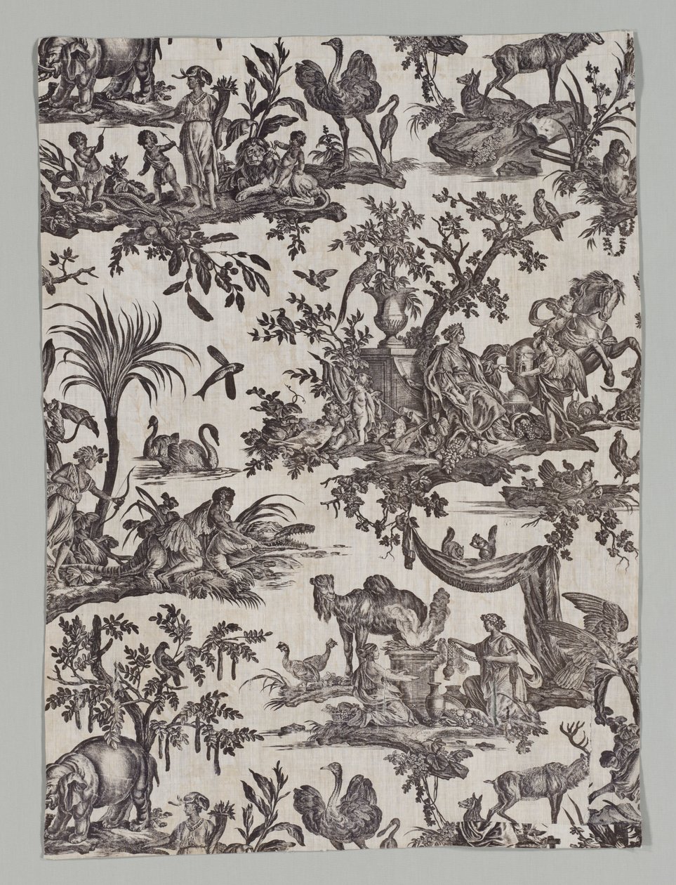 Frammento di cotone stampato con il design Les quatres parties du monde, 1788 da Christophe Philippe Oberkampf