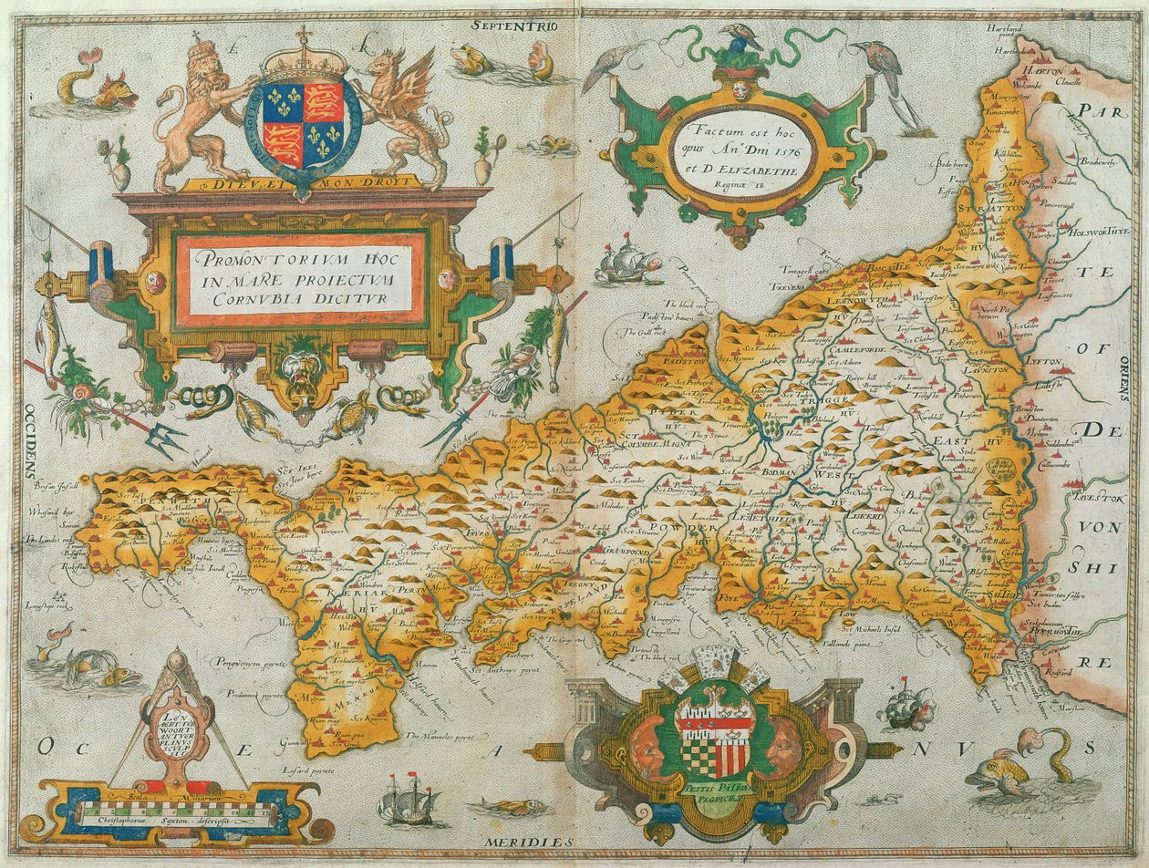 Mappa della Contea di Cornwall, 1579 da Christopher Saxton