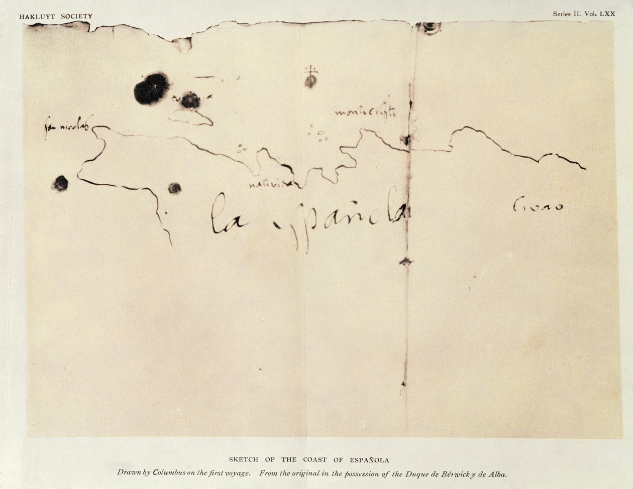 Schizzo della costa di Espanola, disegnato da Colombo nel primo viaggio, dall