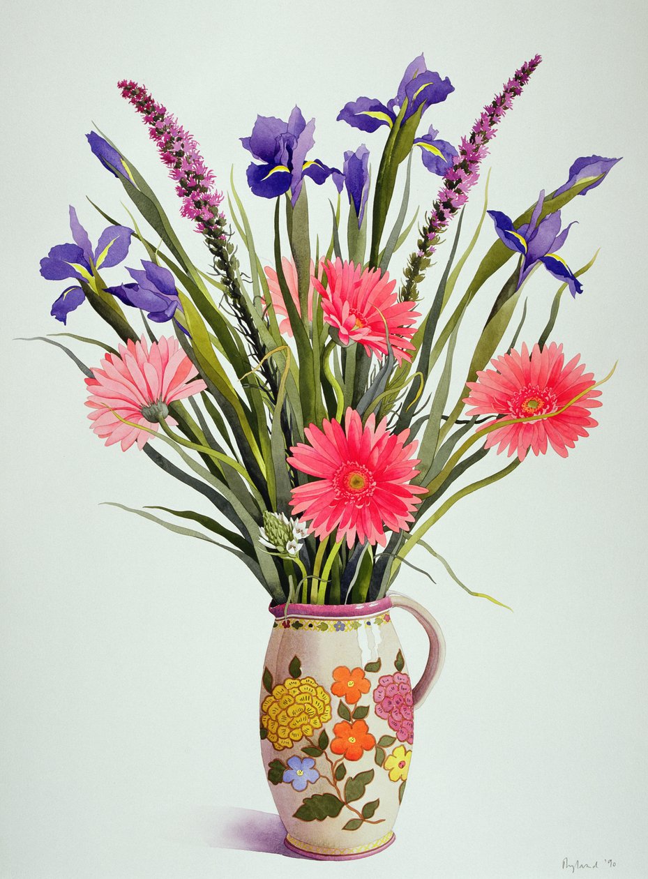 Iris e gerbera in una brocca olandese da Christopher Ryland