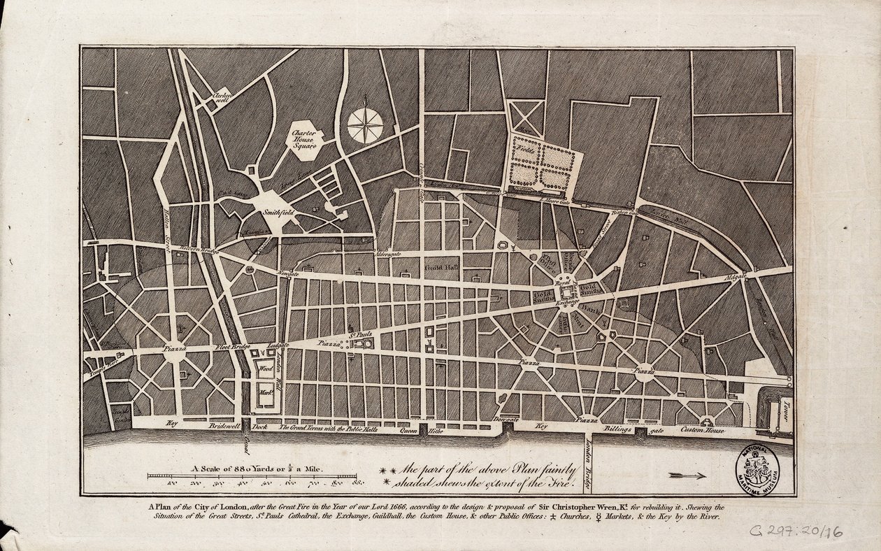 Piano della città di Londra dopo il Grande Incendio del 1666 da Christopher Wren