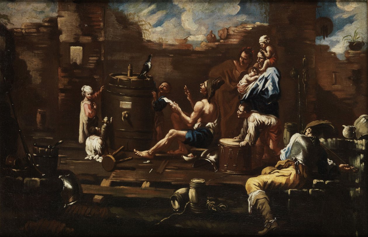 Gruppo di artisti che si esercitano con un corvo parlante da Circle of Alessandro Magnasco
