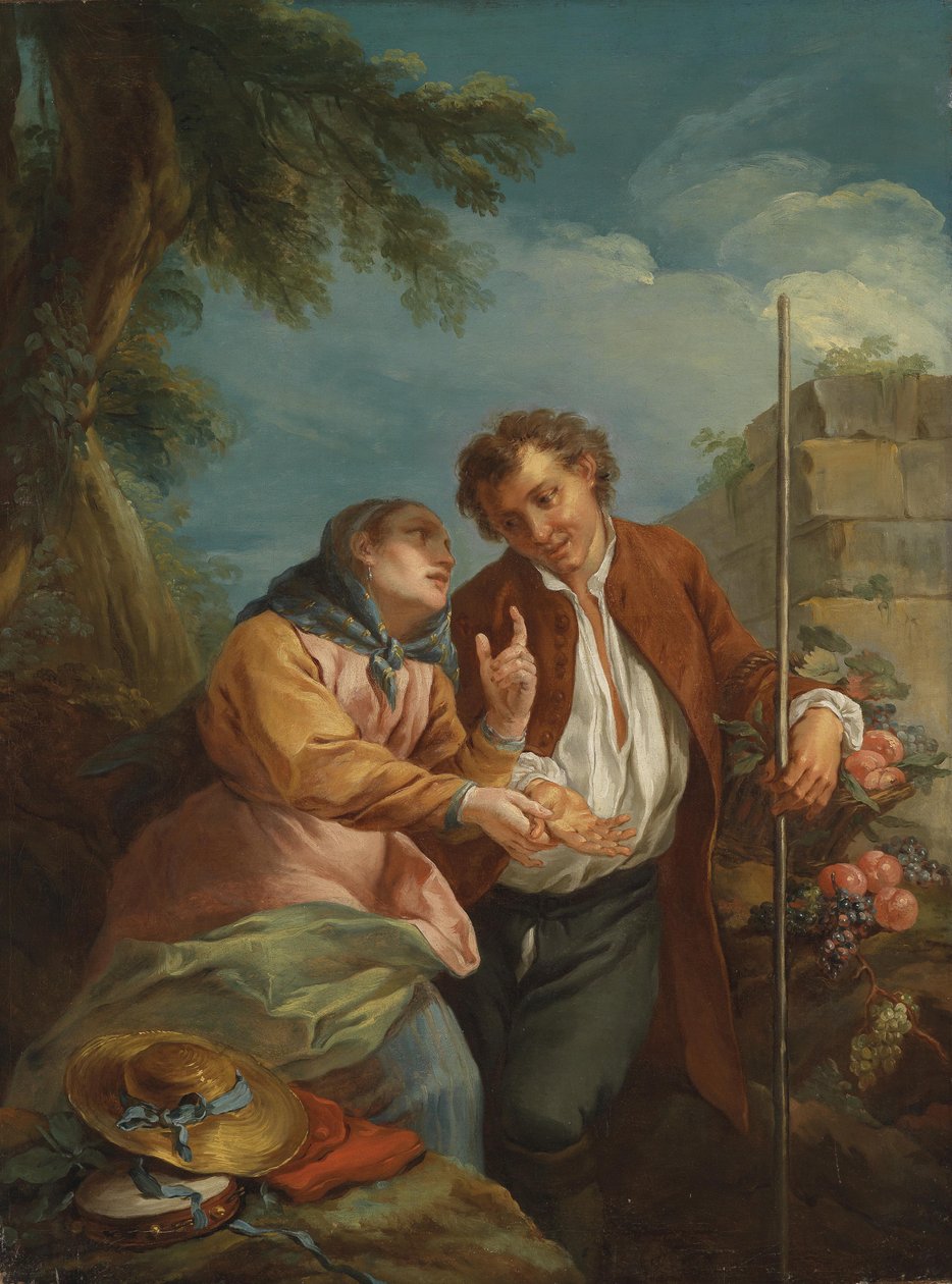 Una chiromante e un giovane venditore di frutta da Circle of Charles André van Loo