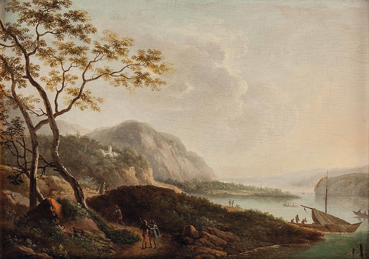 Paesaggio lacustre meridionale con figure da Circle of Jacob Philipp Hackert