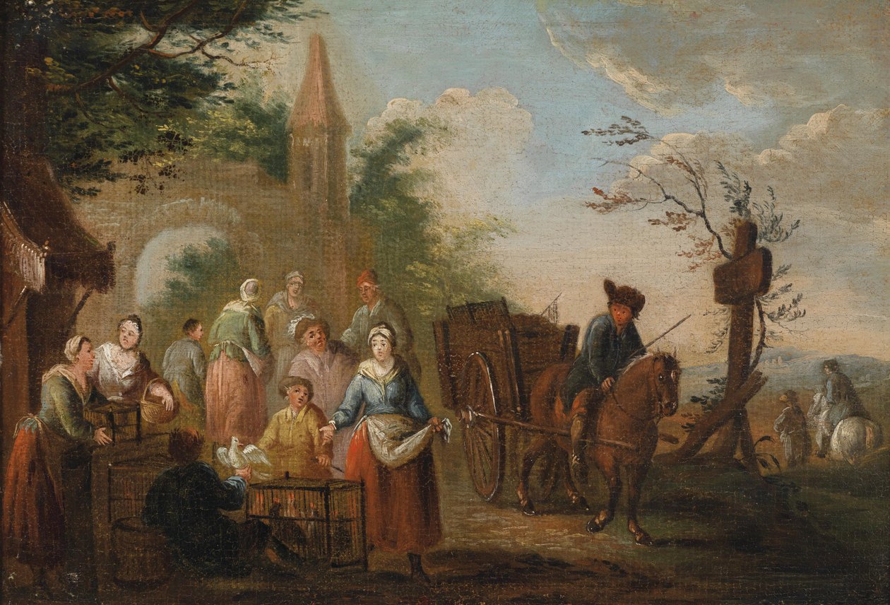 Venditore di pollame davanti a una porta della città da Circle of Pieter Angillis