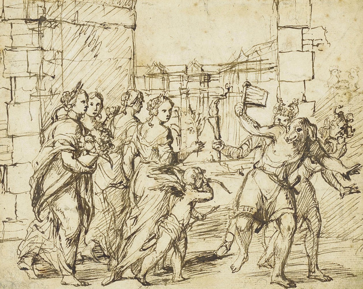 La Festa dei Lupercali a Roma: Cupido e le personificazioni della fertilità incontrano i Luperci vestiti da cani e capre da Circle of Adam Elsheimer