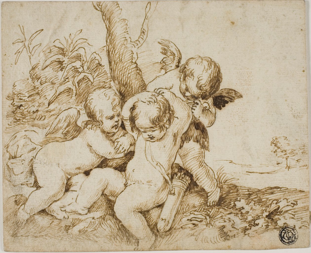Due putti che bendano un terzo da Circle of Guido Reni