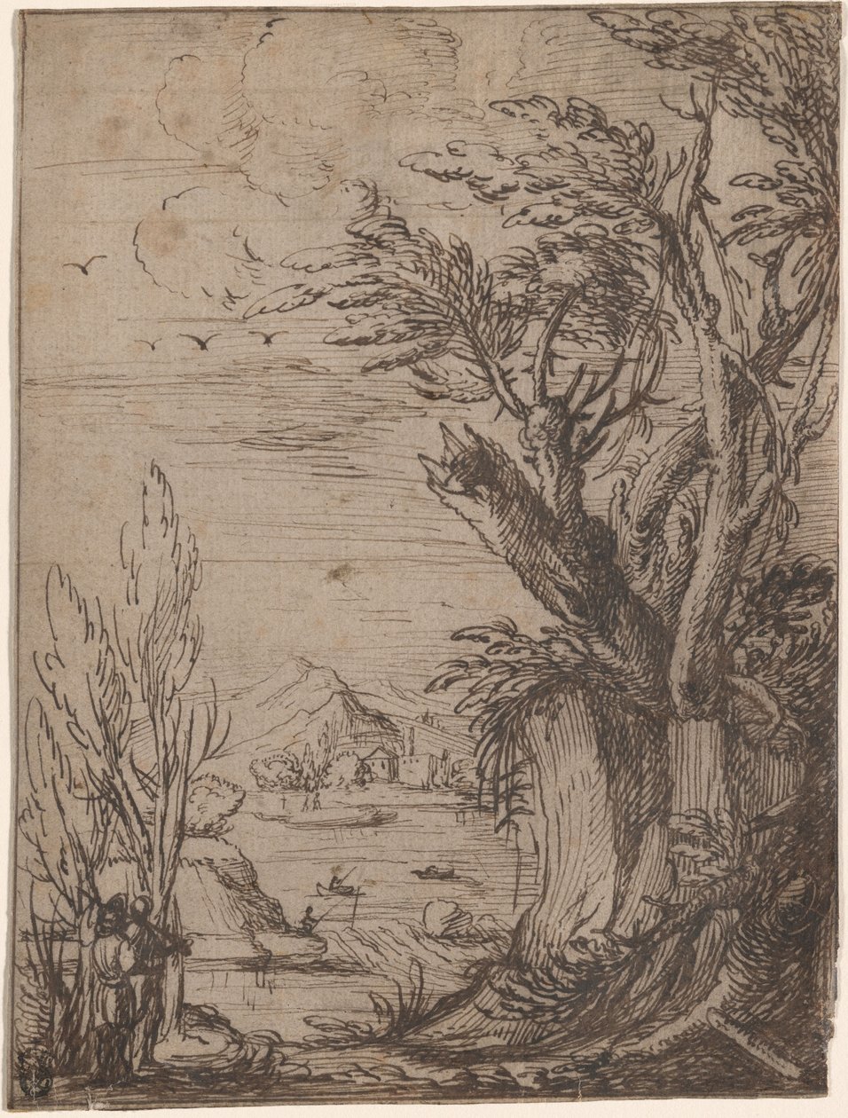 Paesaggio con alberi nodosi e pescatore da Circle of Jacques de Gheyn
