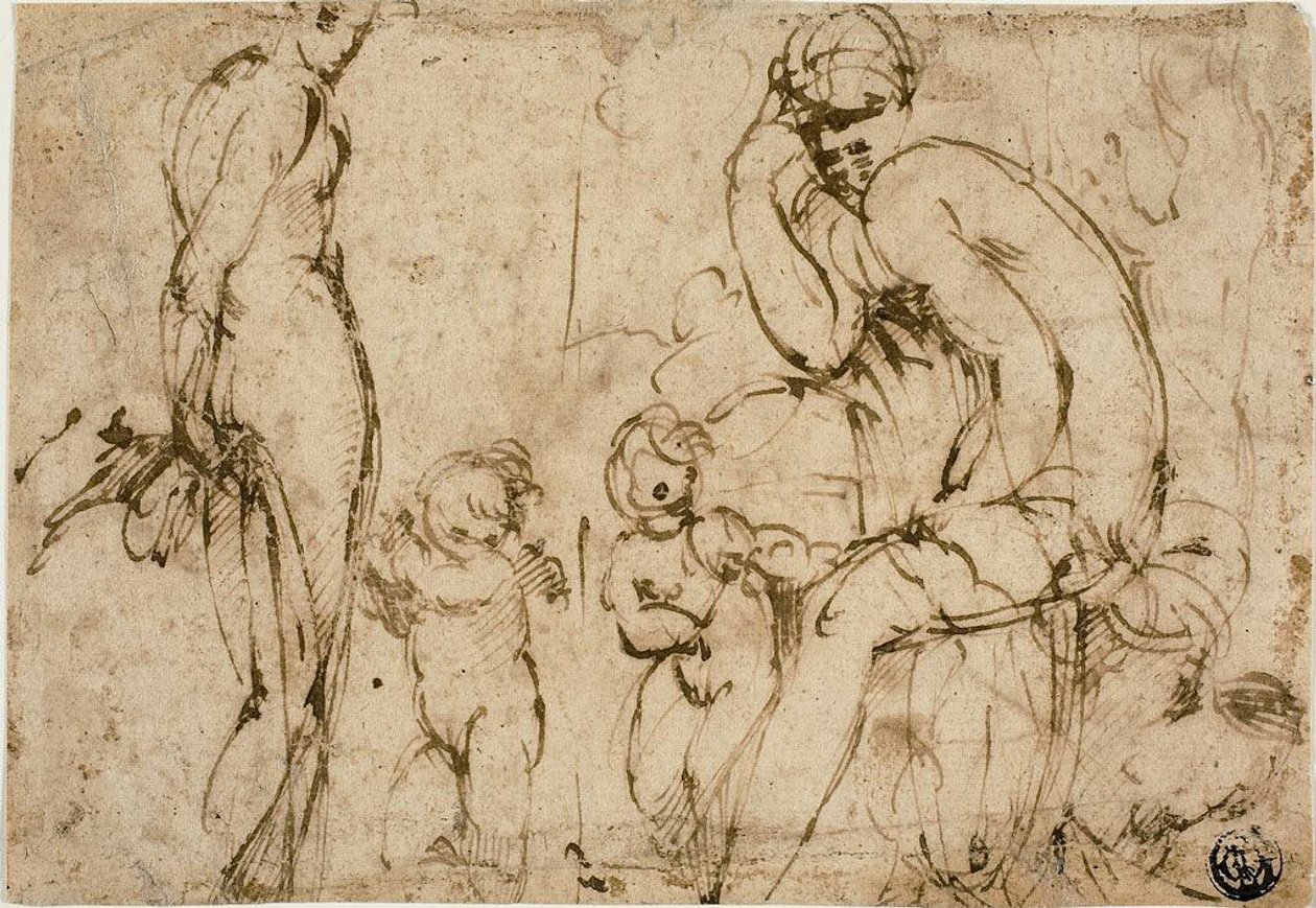 Venere e Marte con putti (recto); uomo barbuto in movimento verso destra (verso) da Circle of Parmigianino