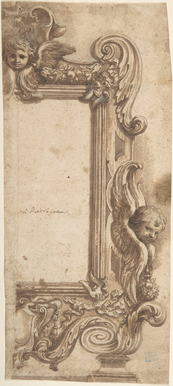 Progetto per una mezza cornice decorata con angeli, volute e ghirlande da Ciro Ferri.