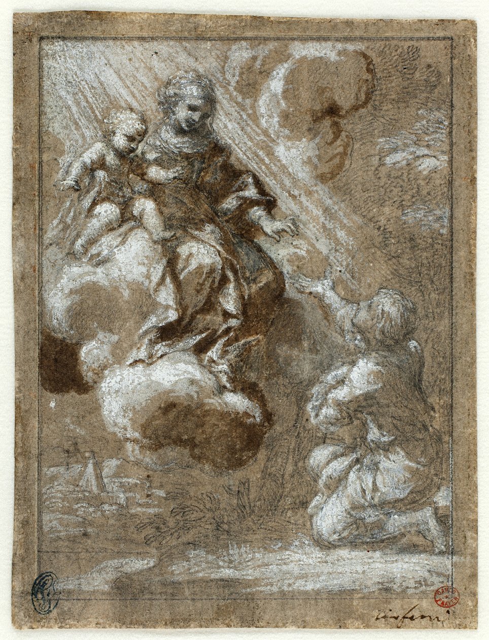 La Madonna e il Bambino in gloria appaiono a un giovane inginocchiato da Ciro Ferri