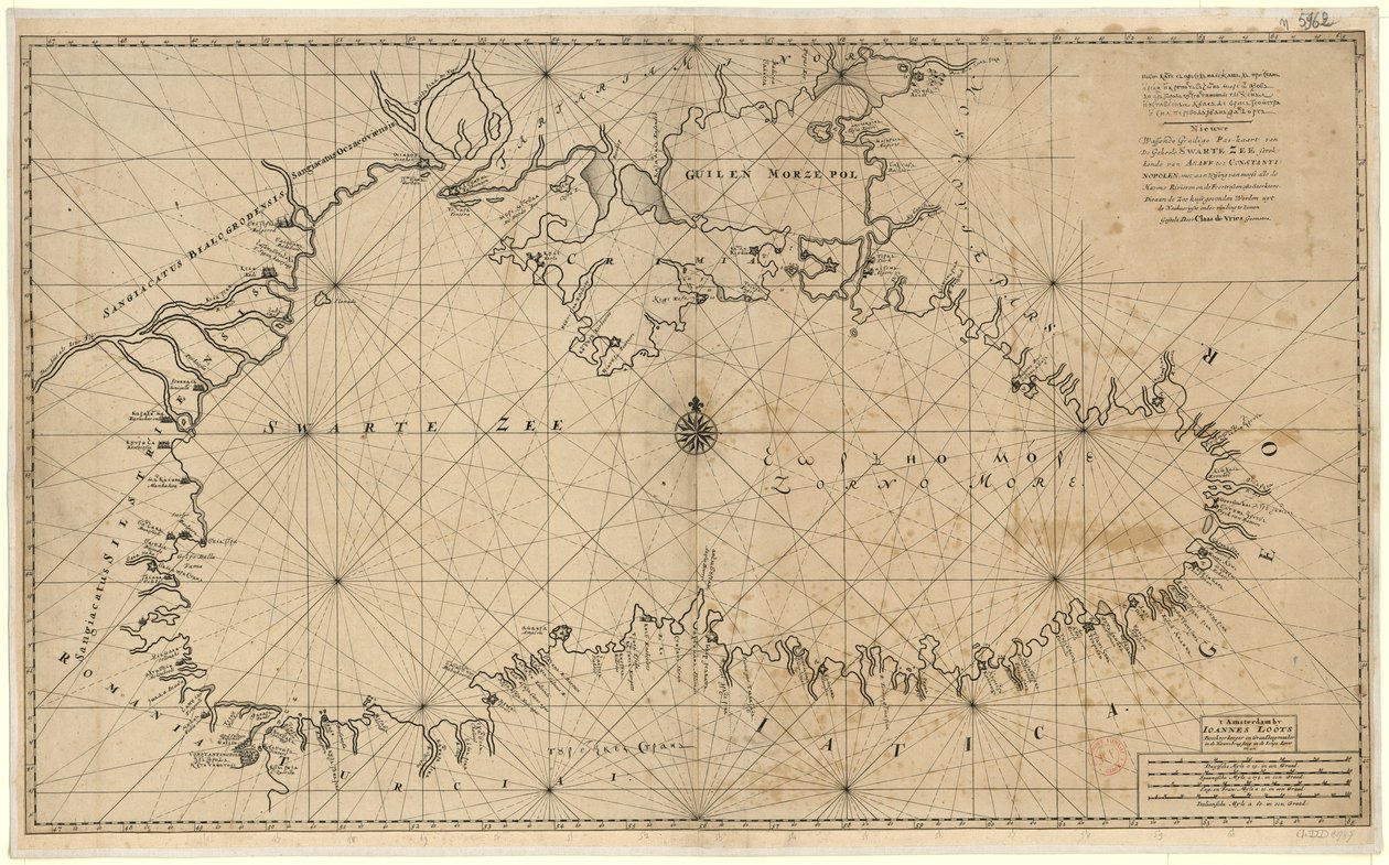 Nieuwe wassende, gradige pas-kaart van de geheele Swarte Zee strekkende van Asaff tot Constantinopolen met aanwysing van meest alle de Havens rivieren en de foortressen ofte sterktens, die aan de Zee kust gevonden werden nyt de Naukuerigste onder vinding t da Claes De Vries