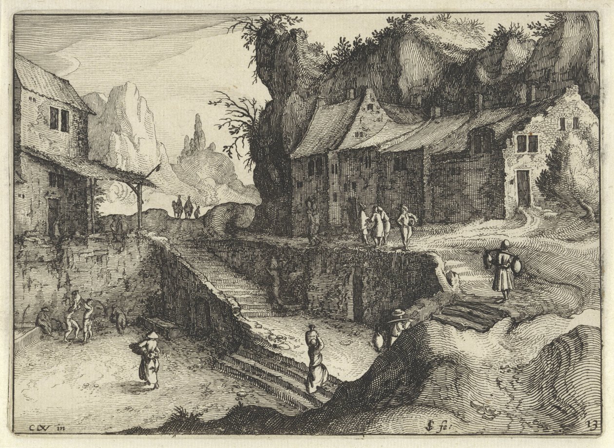 Villaggio di montagna con case e scale da Claes Jansz. Visscher (II)