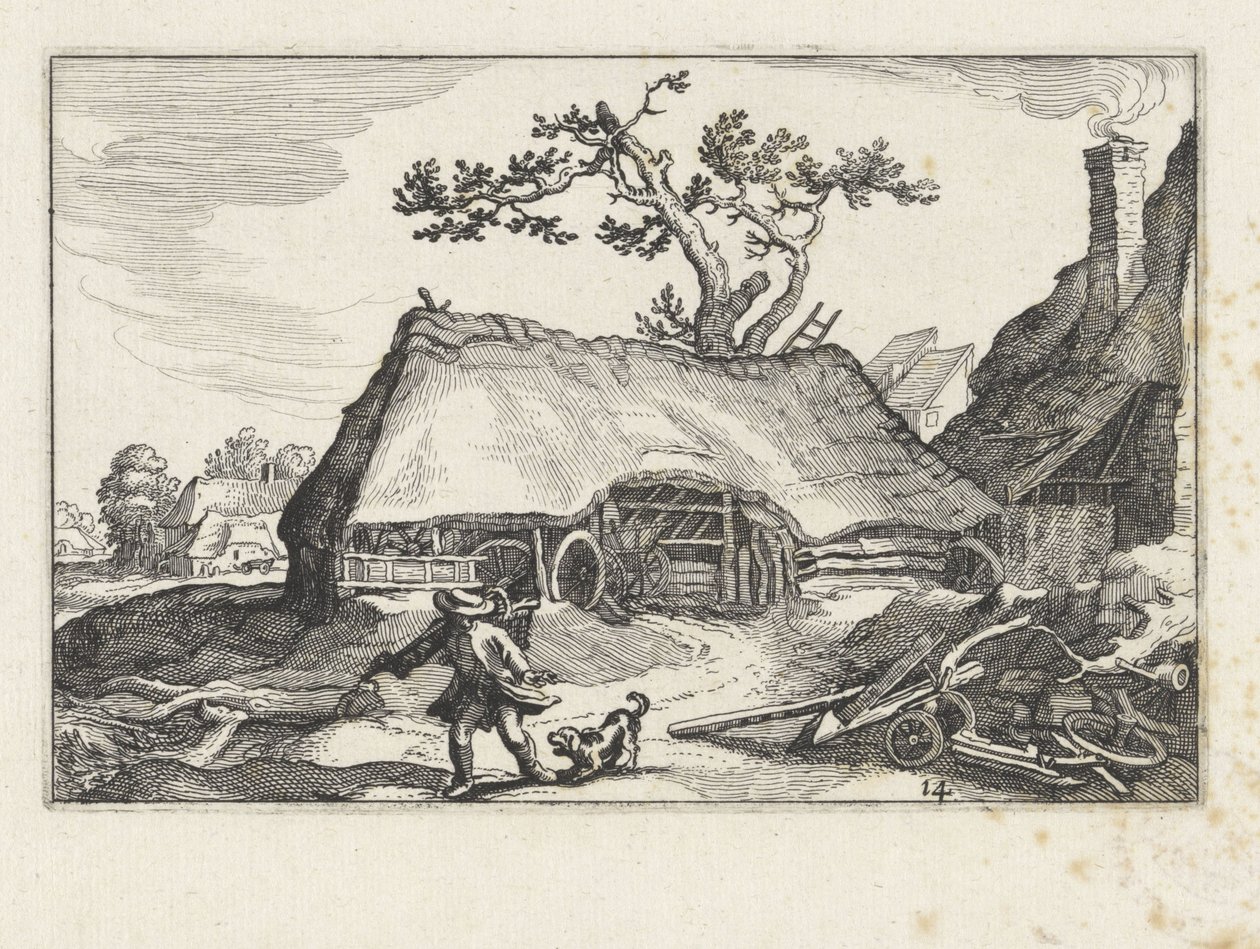 Cane che abbaia vicino a una fattoria da Claes Jansz. Visscher (II)