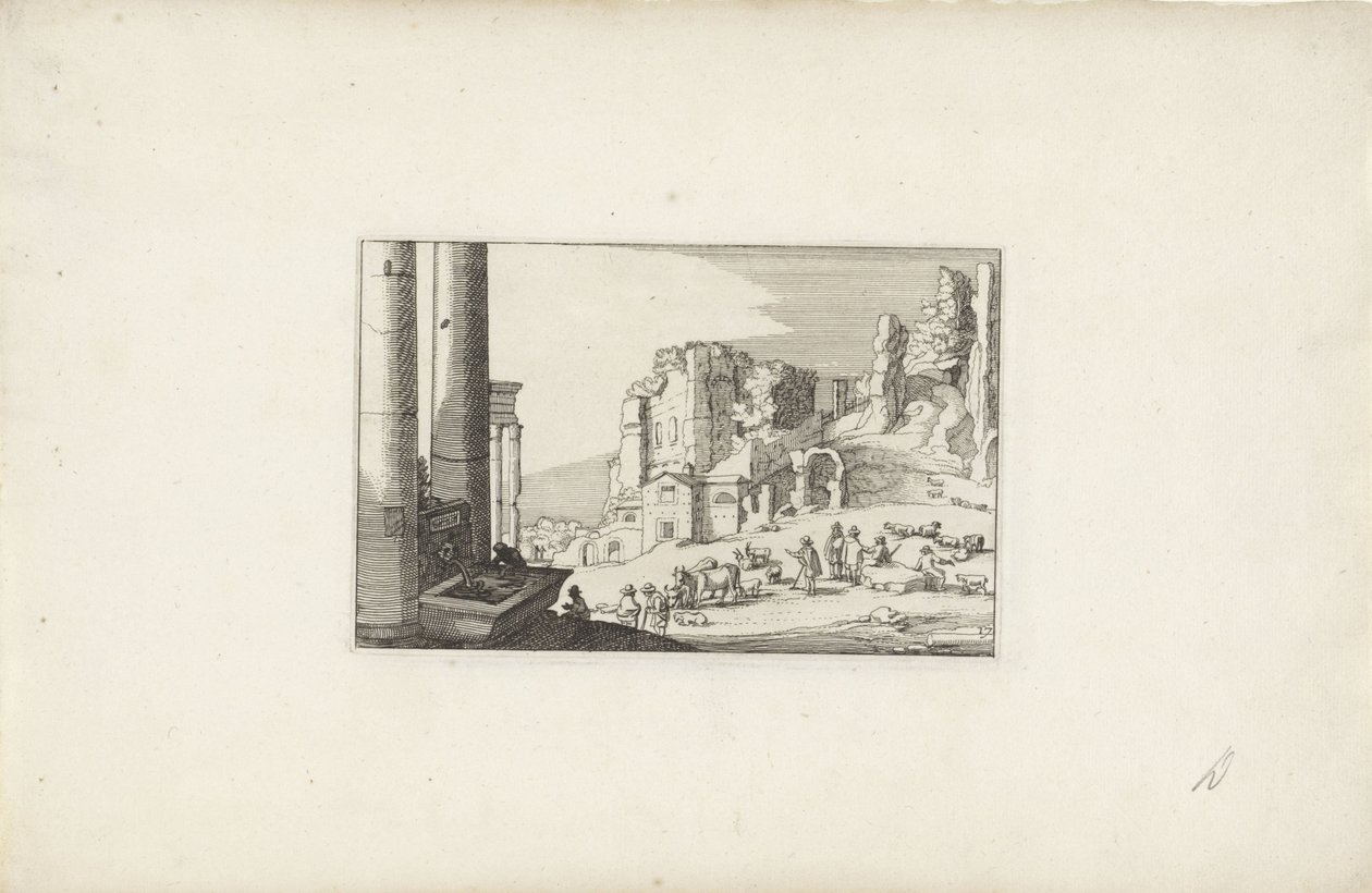 Paesaggio collinare con una fontana e pastori (Paesaggi italiani con rovine, Variae antiquitates Romanae) da Claes Jansz. Visscher (II)