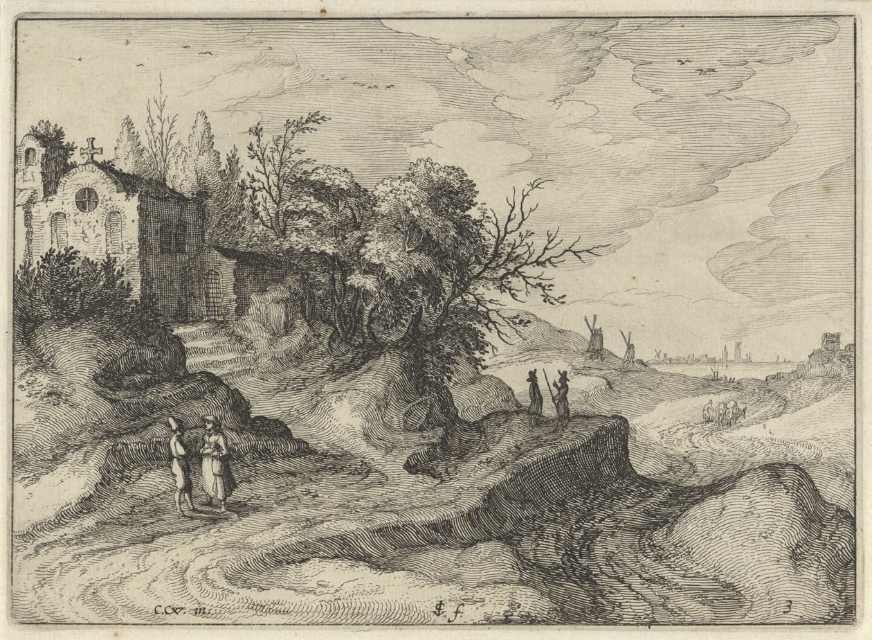 Cappella su una strada di campagna tortuosa (serie: Paesaggi olandesi, Amaeniores Aliquot Regiunculae) da Claes Jansz. Visscher (II)