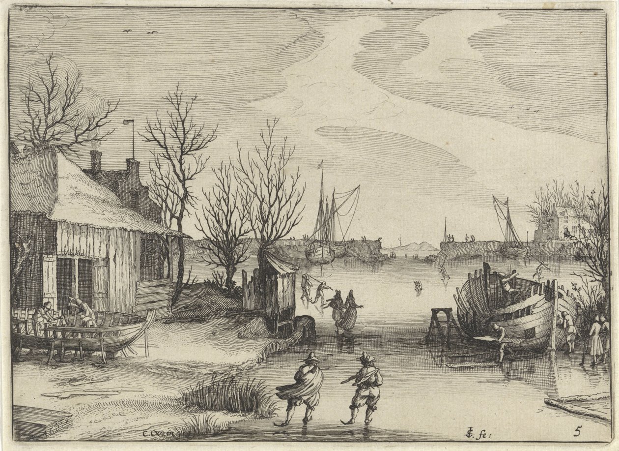 Cantiere navale su un canale ghiacciato (serie: Paesaggi olandesi, Amaeniores Aliquot Regiunculae) da Claes Jansz. Visscher (II)