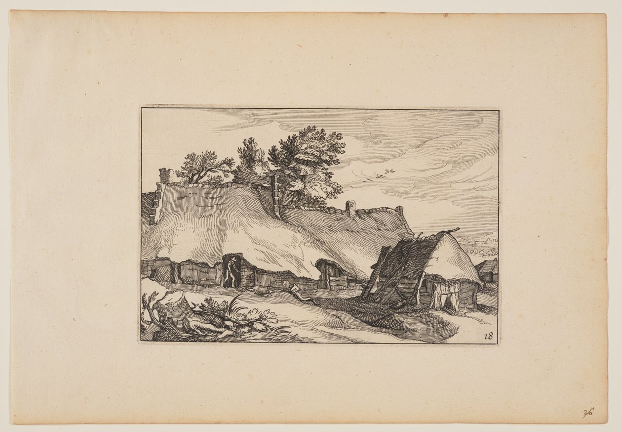 Una fattoria, uomo alla porta, da Paesaggi (Verscheyden aerdige Lanthuysen...) da Claes Jansz. Visscher