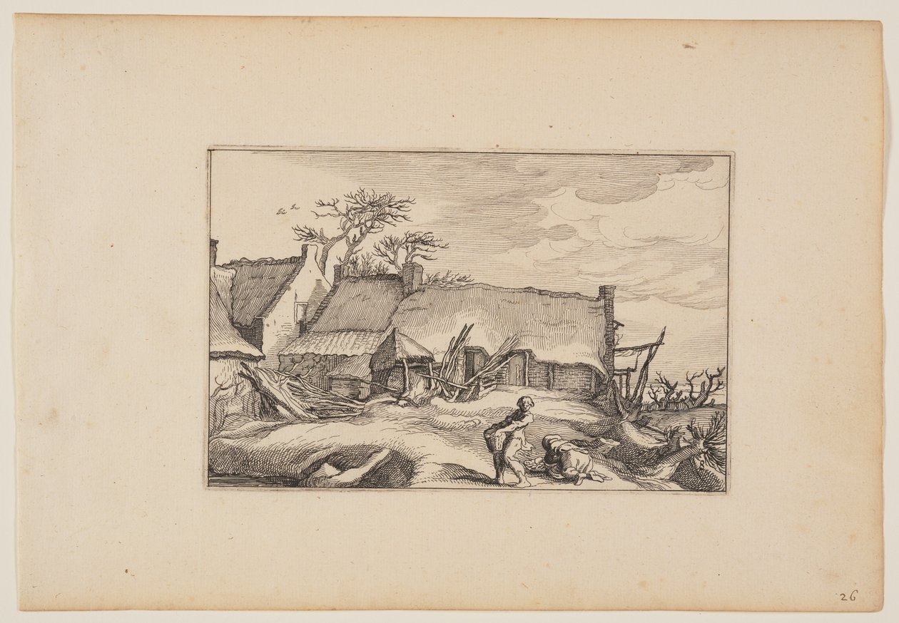 Una casa colonica, uomo che porta un cesto in primo piano, da Paesaggi (Verscheyden aerdige Lanthuysen...) da Claes Jansz. Visscher