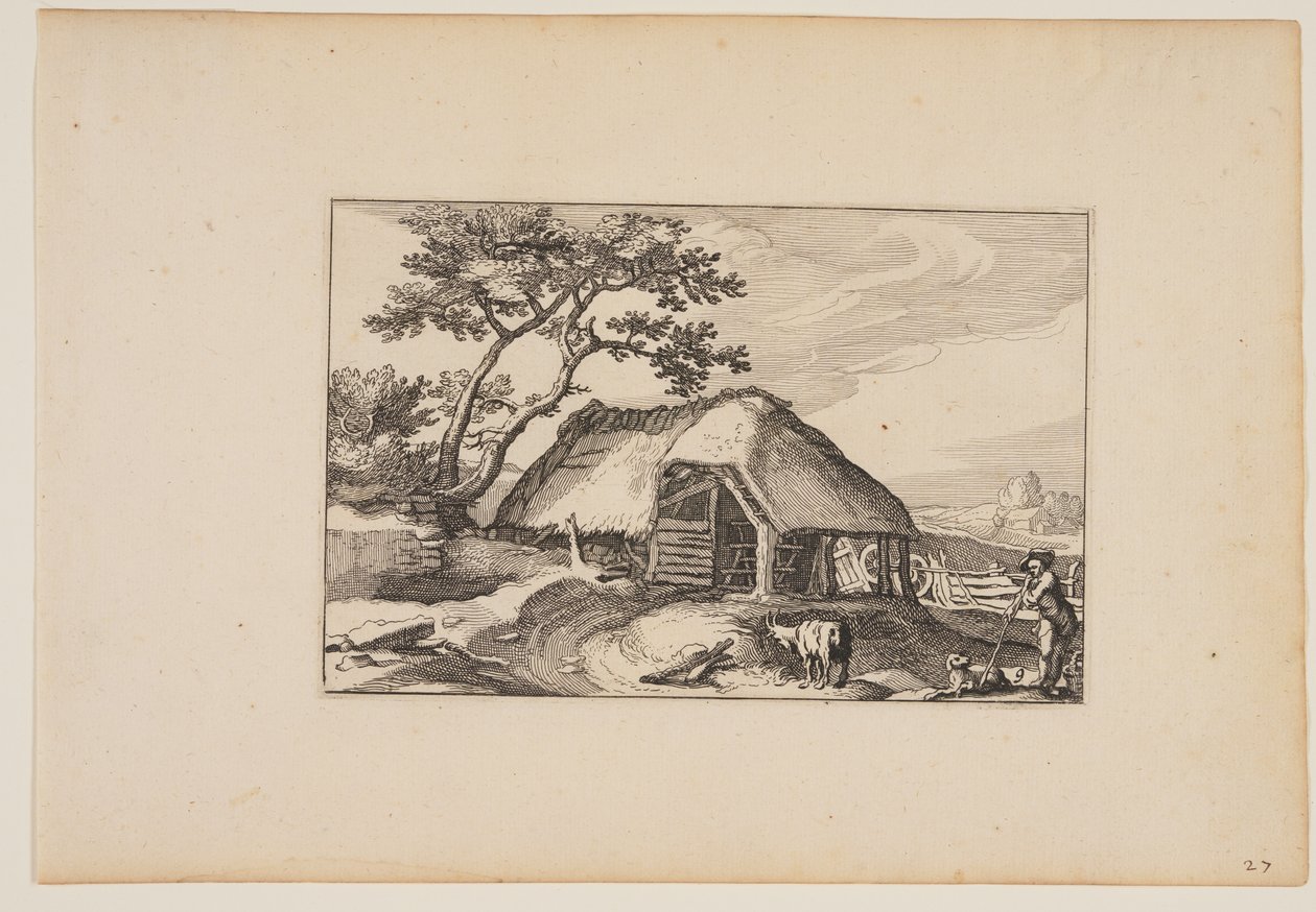 Fienile, mandria che riposa sul suo bastone in primo piano a destra, da Paesaggi (Verscheyden aerdige Lanthuysen...) da Claes Jansz. Visscher
