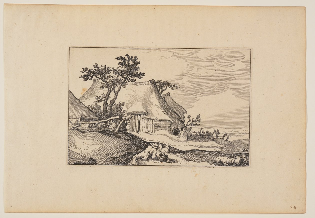 Fienili, uomo a riposo con cesto di uova in primo piano, da Paesaggi (Verscheyden aerdige Lanthuysen...) da Claes Jansz. Visscher