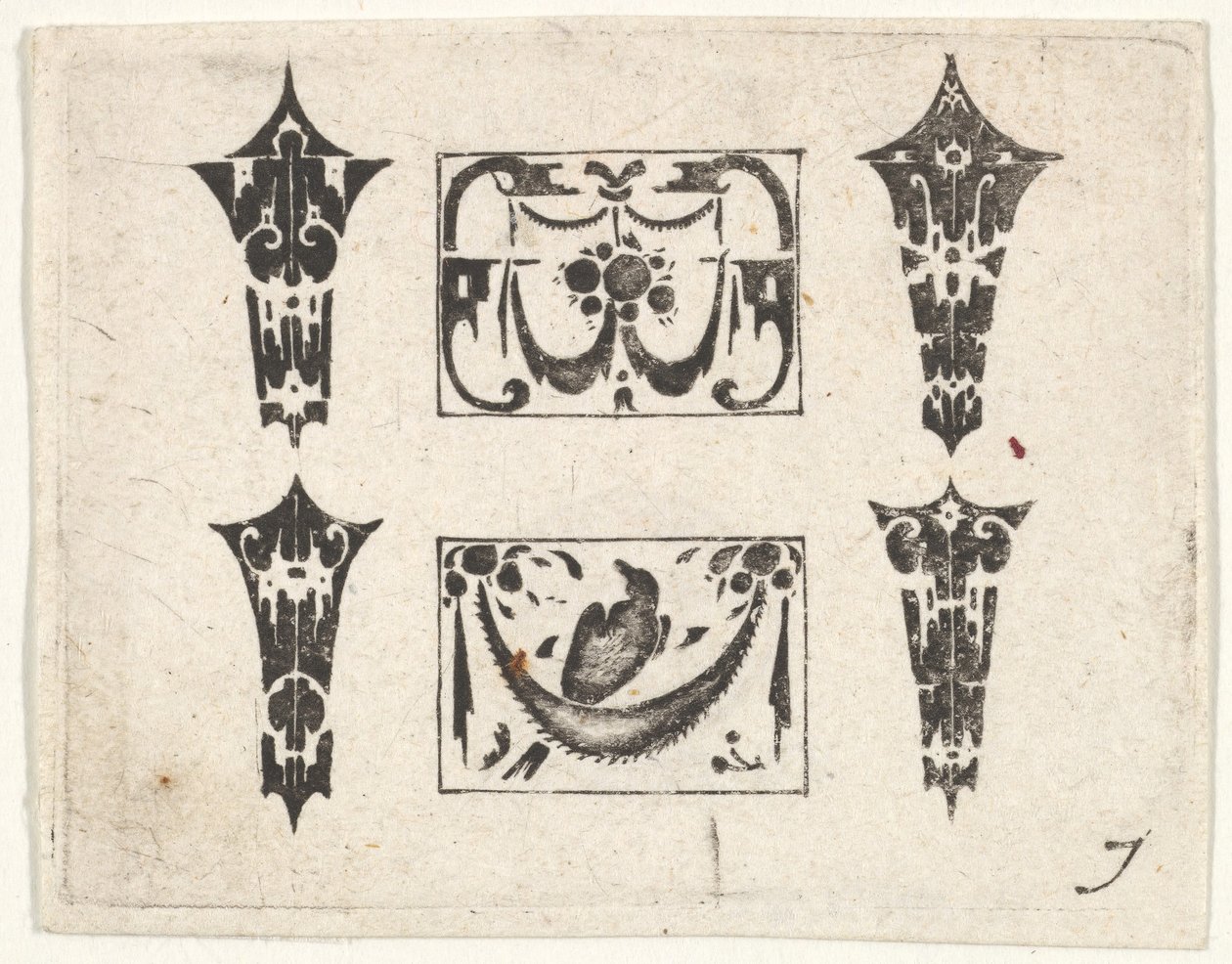 Stampa in blackwork con due pannelli orizzontali e quattro cornici, ca. 1620 da Claes Jansz Visscher
