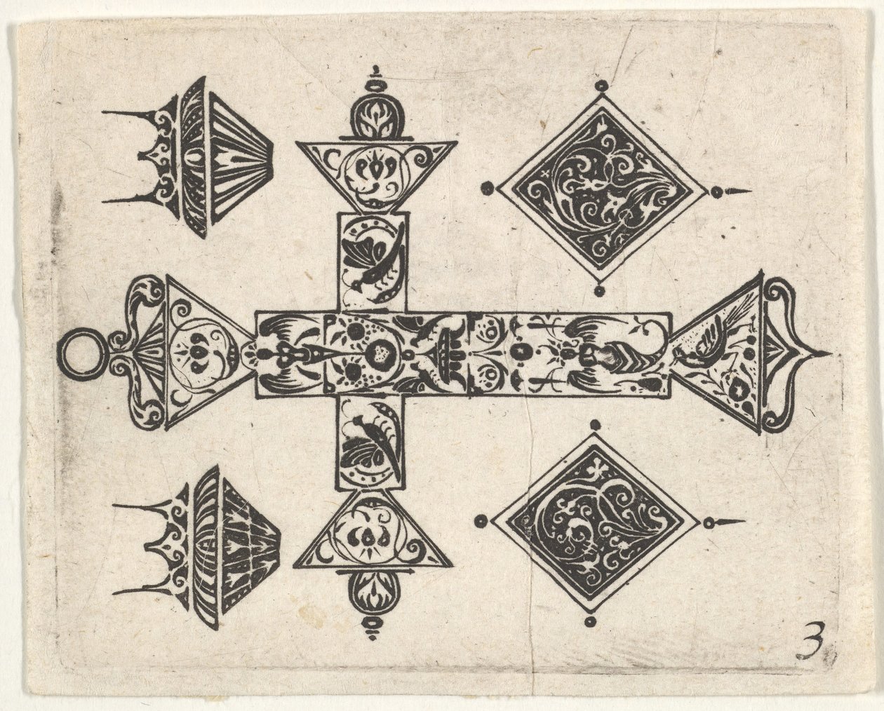 Stampa in nero con una croce latina e quattro motivi, ca. 1620 da Claes Jansz Visscher