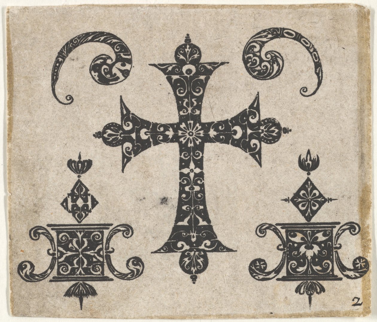 Stampa in blackwork con una croce latina e piccoli motivi, ca. 1620 da Claes Jansz Visscher