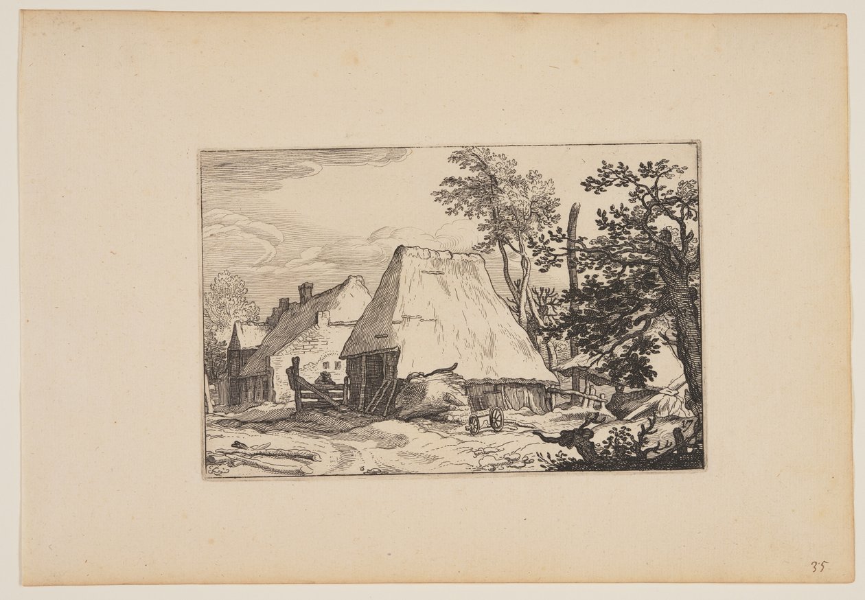 Aia, uomo che riposa su un recinto a sinistra del centro, da Paesaggi (Verscheyden aerdige Lanthuysen...) da Claes Jansz. Visscher