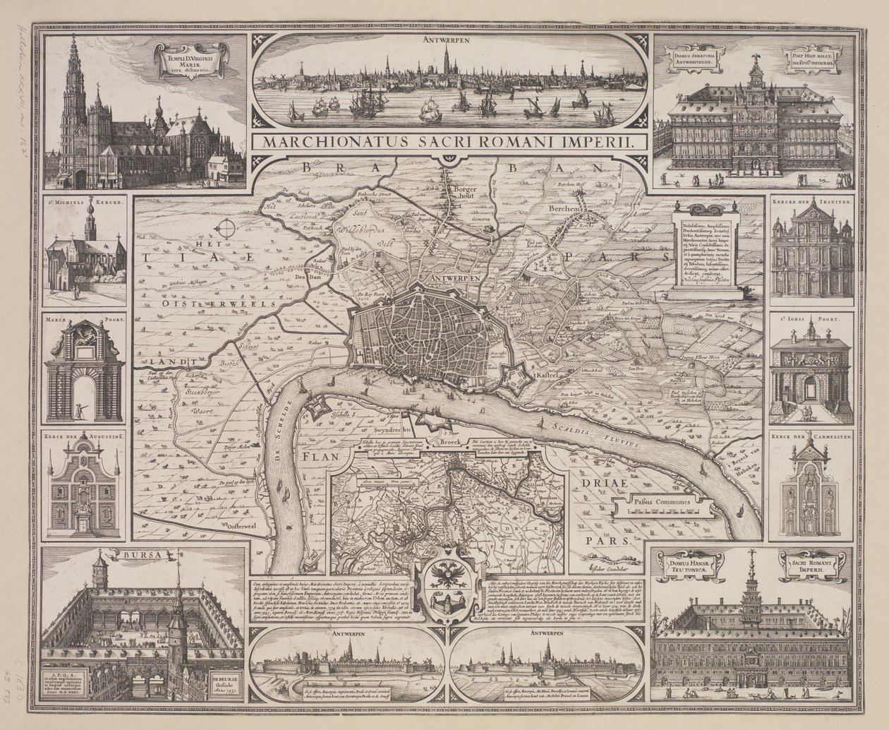 Piano di Anversa con prospetto della città e degli edifici principali da Claes Jansz. Visscher