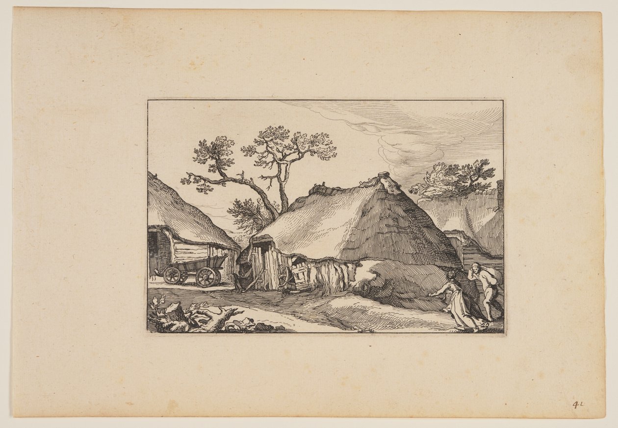 Due fienili, carrello a sinistra, da Paesaggi (Verscheyden aerdige Lanthuysen...) da Claes Jansz. Visscher