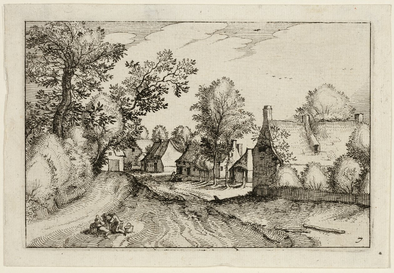 Una strada di paese, tavola sette dopo Immagini di fattorie, case di campagna e villaggi rustici (Praediorum villarum et rusticarum casularum icones) da Claes Jansz. Visscher II
