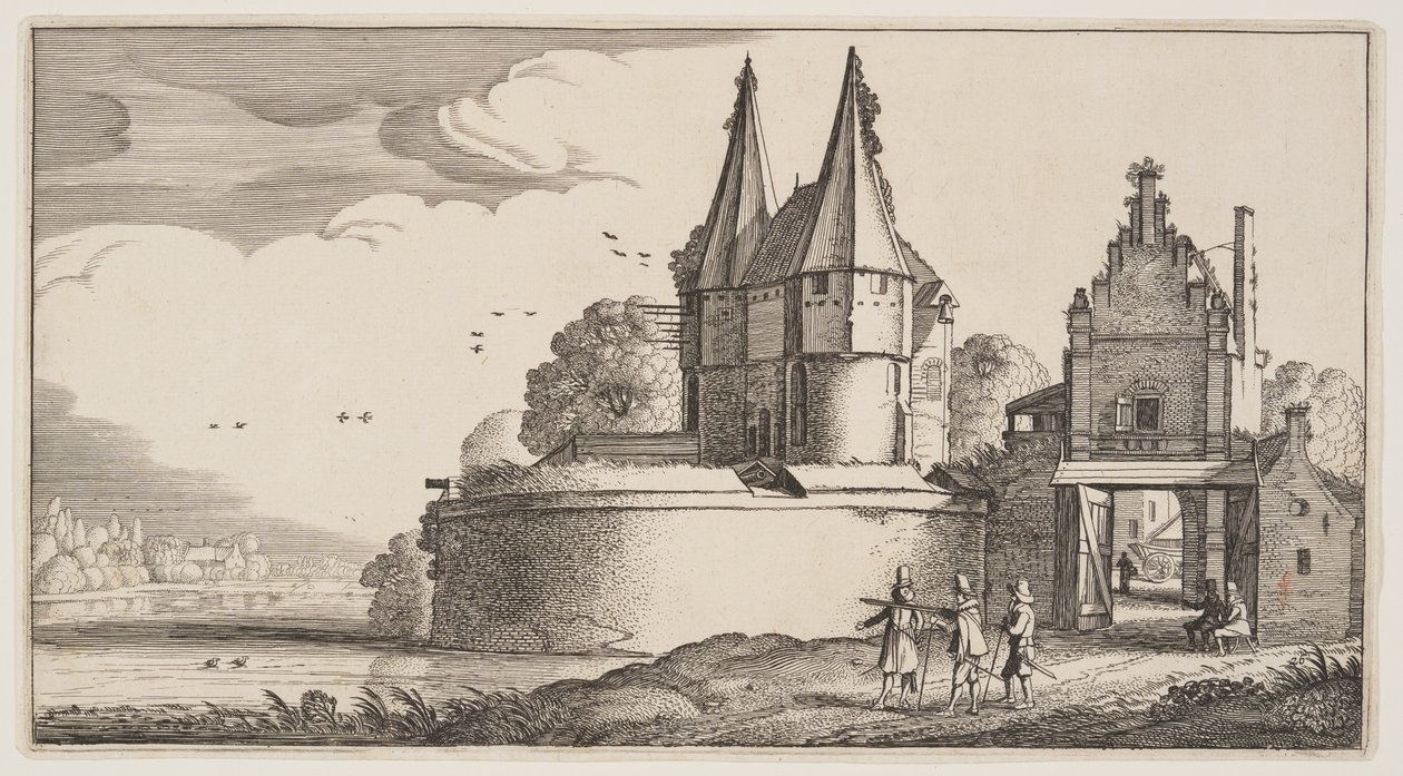 Bastione e porta della città su un fiume, da Paesaggi (Playsante Lantschappen) da Claes Jansz. Visscher II