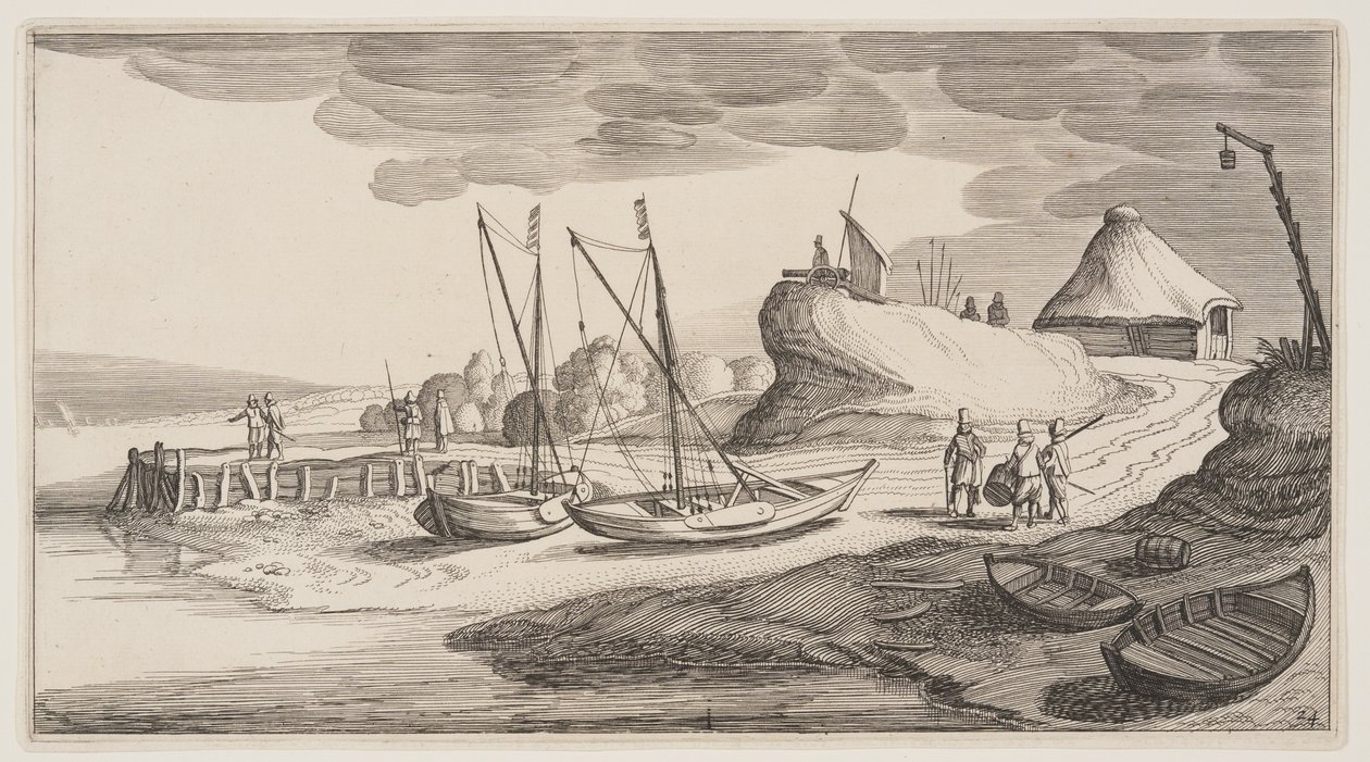 Barche a riva vicino a una torre di guardia, da Paesaggi (Playsante Lantschappen) da Claes Jansz. Visscher II