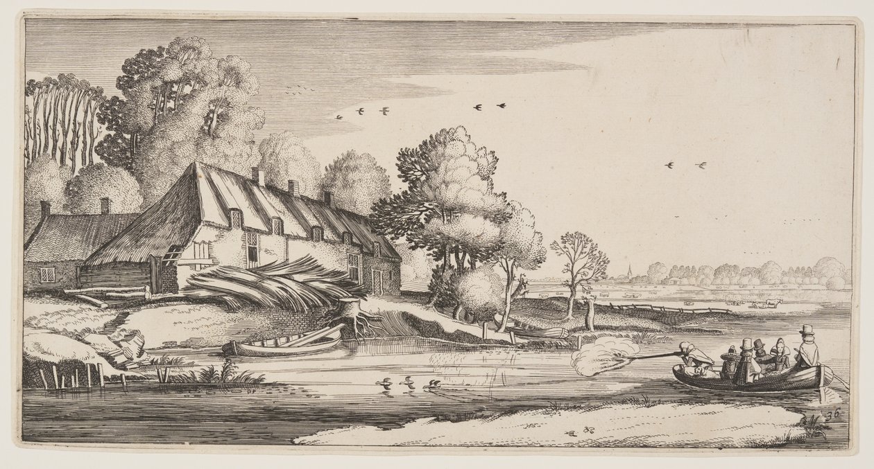 Tiro alle anatre da una barca a remi vicino a una fattoria, da Paesaggi (Playsante Lantschappen) da Claes Jansz. Visscher II