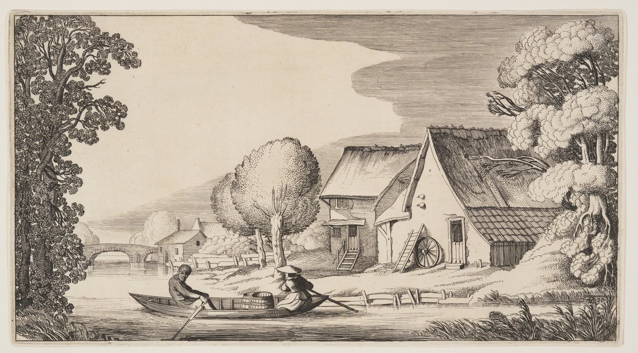 Contadino e contadina su una barca a remi, da Paesaggi (Playsante Lantschappen) da Claes Jansz. Visscher II