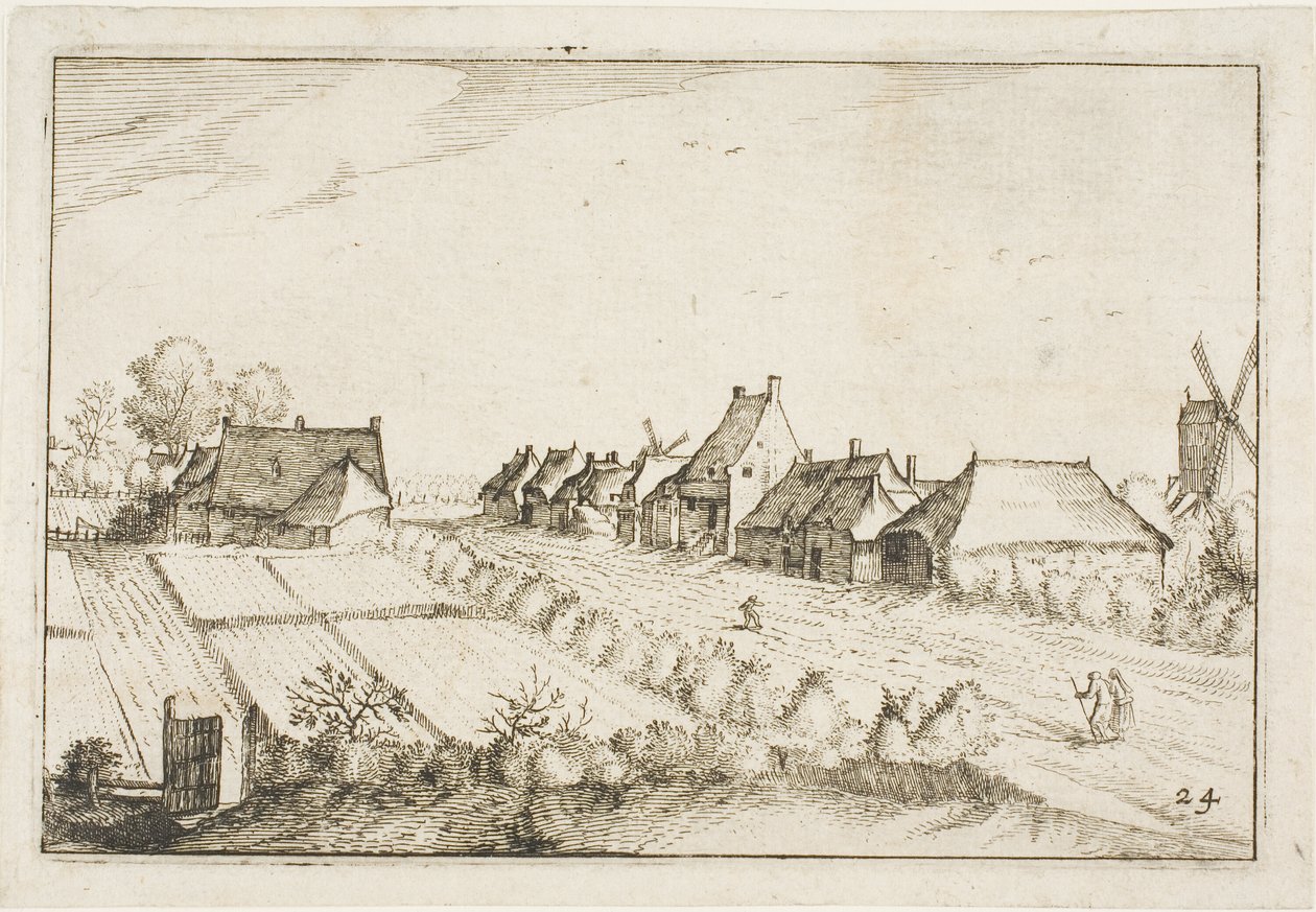 Campi e una strada, tavola 24 dopo Immagini di fattorie, case di campagna e villaggi rustici (Praediorum villarum et rusticarum casularum icones) da Claes Jansz. Visscher II