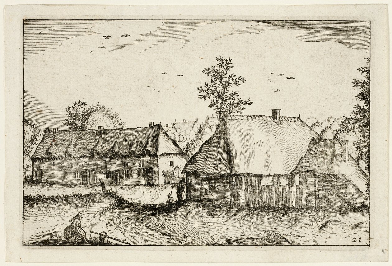 Grandi capannoni, piatto 21 dopo Immagini di fattorie, case di campagna e villaggi rustici (Praediorum villarum et rusticarum casularum icones) da Claes Jansz. Visscher II