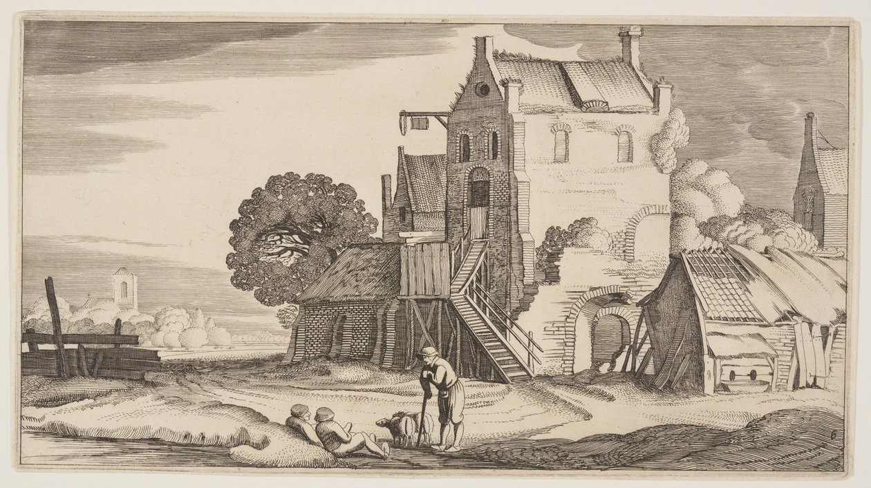 Tre figure in conversazione vicino a una locanda, da Paesaggi (Playsante Lantschappen) da Claes Jansz. Visscher II