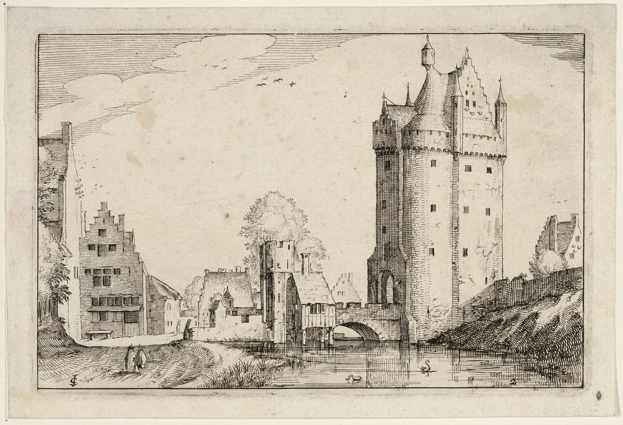 Porta della città, tavola due dopo Immagini di fattorie, case di campagna e villaggi rustici (Praediorum villarum et rusticarum casularum icones) da Claes Jansz. Visscher II