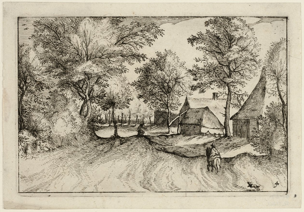 Strada del villaggio, quarta tavola dopo Immagini di fattorie, case di campagna e villaggi rustici (Praediorum villarum et rusticarum casularum icones) da Claes Jansz. Visscher II