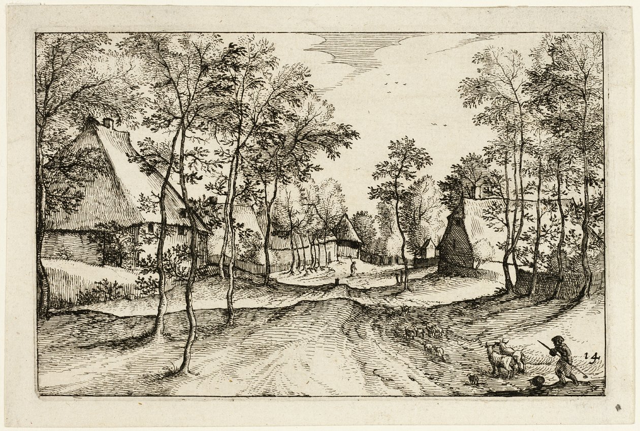 Strada del villaggio, tavola quattordici dopo Immagini di fattorie, case di campagna e villaggi rustici (Praediorum villarum et rusticarum casularum icones) da Claes Jansz. Visscher II