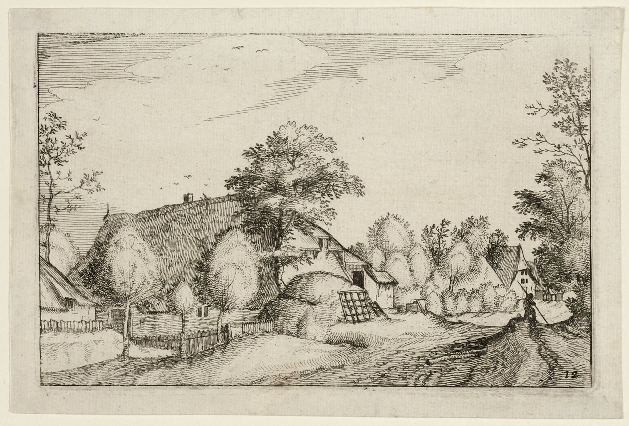 Strada del villaggio, tavola dodici dopo Immagini di fattorie, case di campagna e villaggi rustici (Praediorum villarum et rusticarum casularum icones) da Claes Jansz. Visscher II