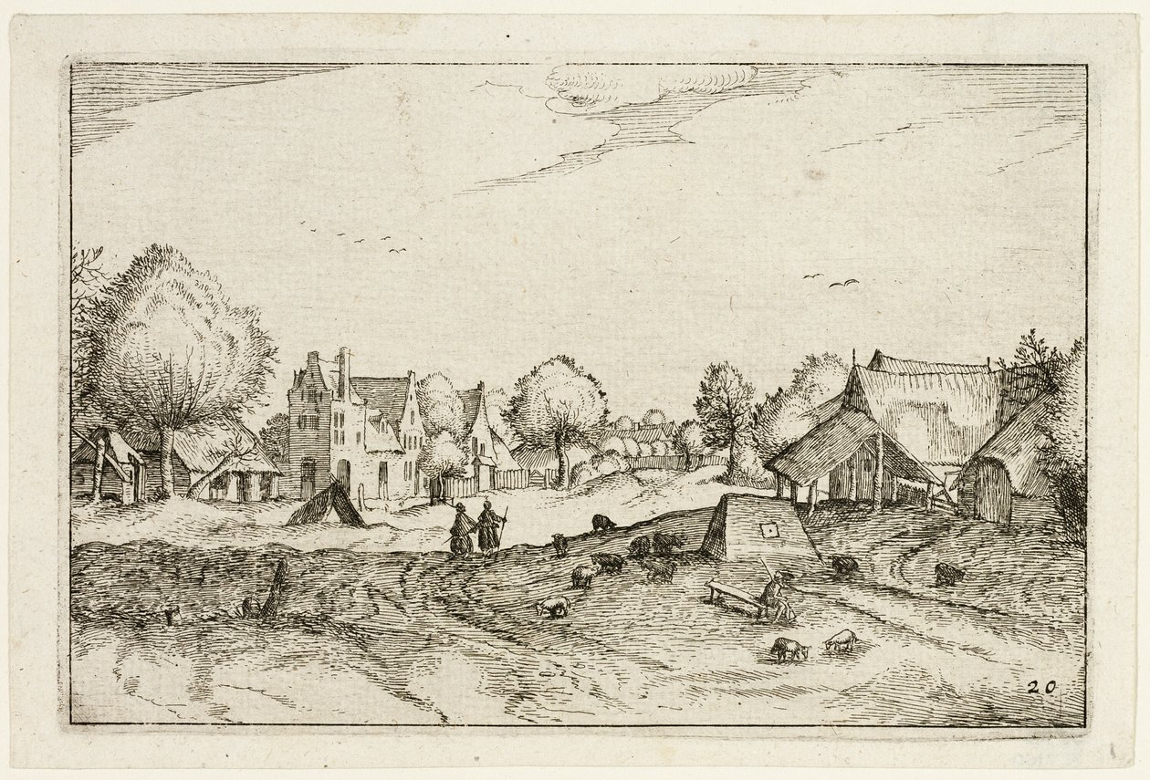 Strada del villaggio, piatto venti dopo Immagini di fattorie, case di campagna e villaggi rustici (Praediorum villarum et rusticarum casularum icones) da Claes Jansz. Visscher II