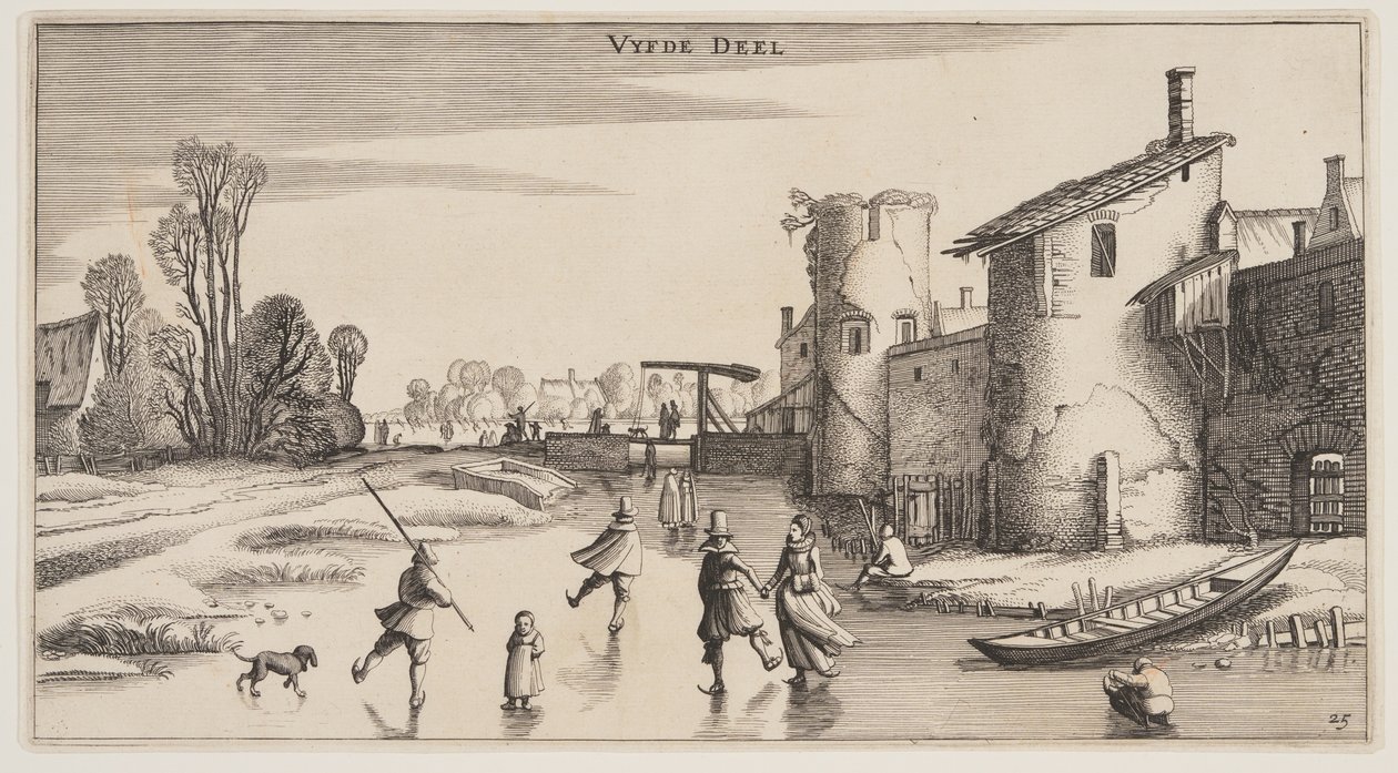 Paesaggio invernale con pattinatori lungo un muro di città, da Paesaggi (Playsante Lantschappen) da Claes Jansz. Visscher II