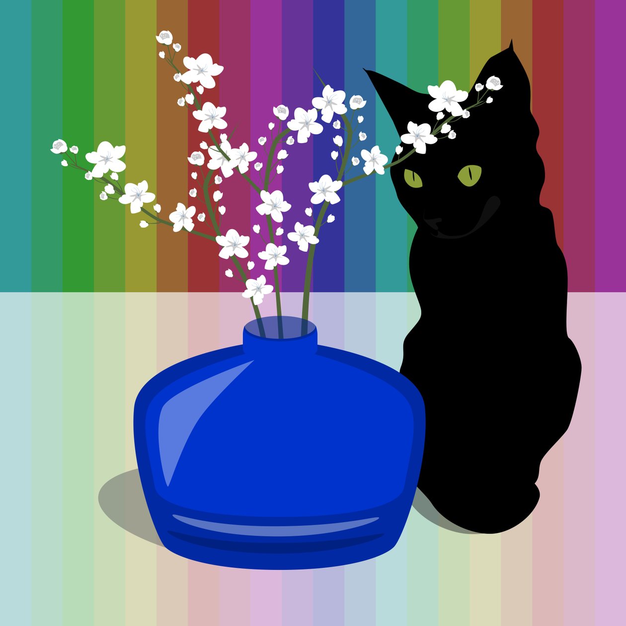Vaso di Vetro Blu con Fiori e Gatto Nero da Claire Huntley