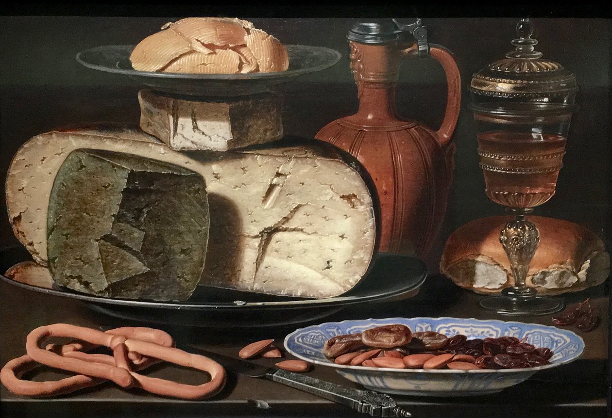 Olandese: Natura morta con formaggi, mandorle e pretzel Natura morta con formaggi, mandorle e pretzel da Clara Peeters