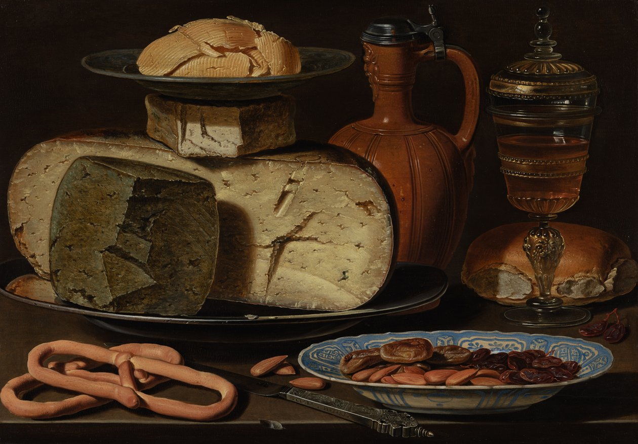 Natura morta con formaggi, mandorle e pretzel, c.1615 da Charlotte Evans