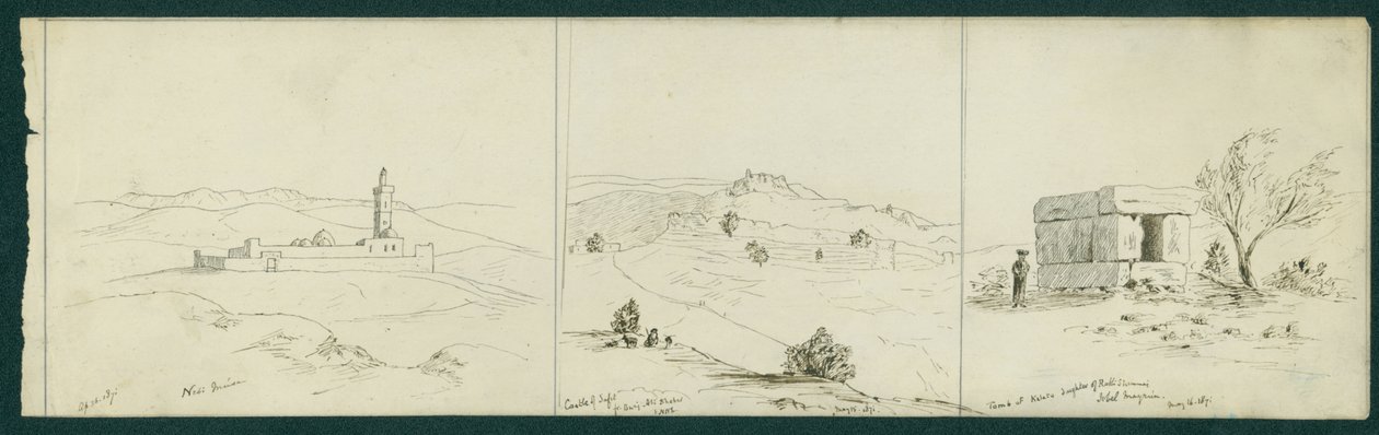 Da sinistra a destra: Nebi Musa, Castello di Safet e Tomba di Kalata, 1871 da Claude Conder